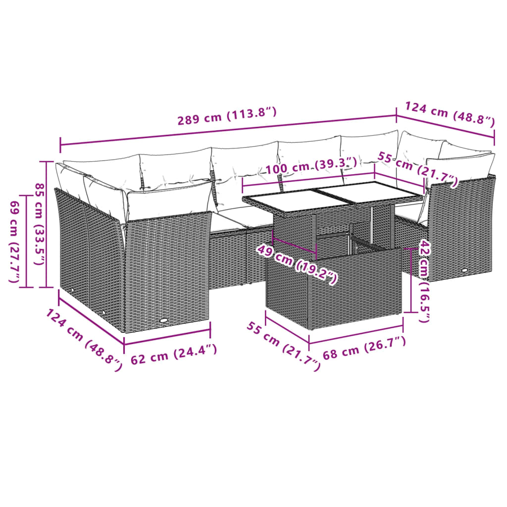 8-delige tuinbankset met kussens, bruin polyrotan – afbeelding 9