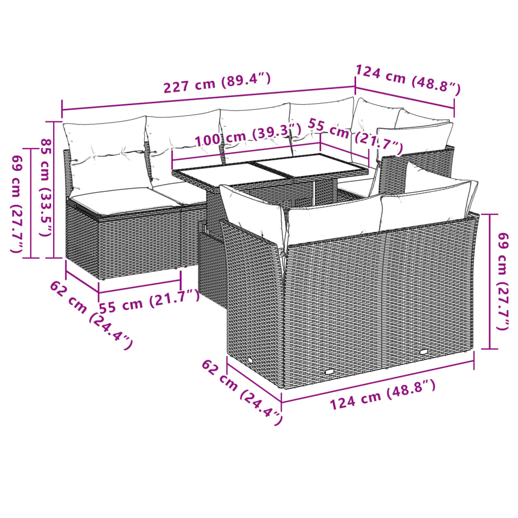 8-delige tuinbankset met kussens, bruin polyrotan – afbeelding 9