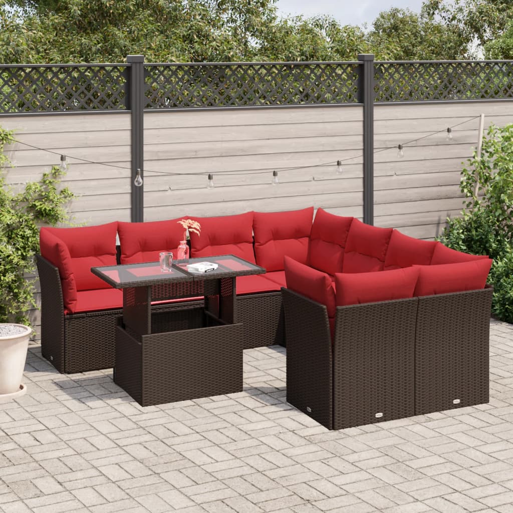 9-delige tuinbankset met kussens, bruin polyrotan – afbeelding 1