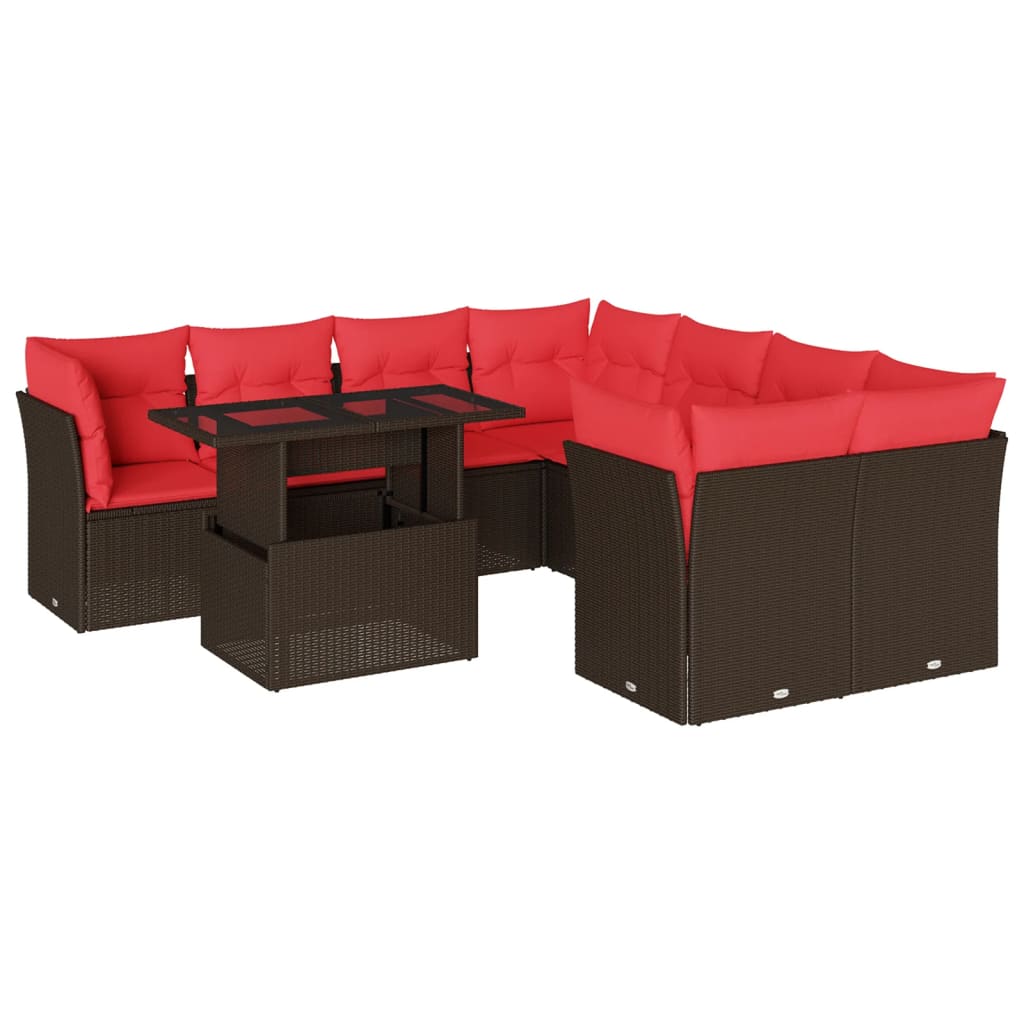 9-delige tuinbankset met kussens, bruin polyrotan – afbeelding 2