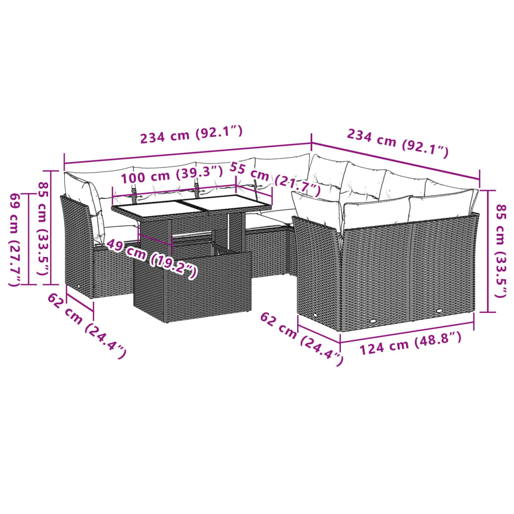 9-delige tuinbankset met kussens, bruin polyrotan – afbeelding 9