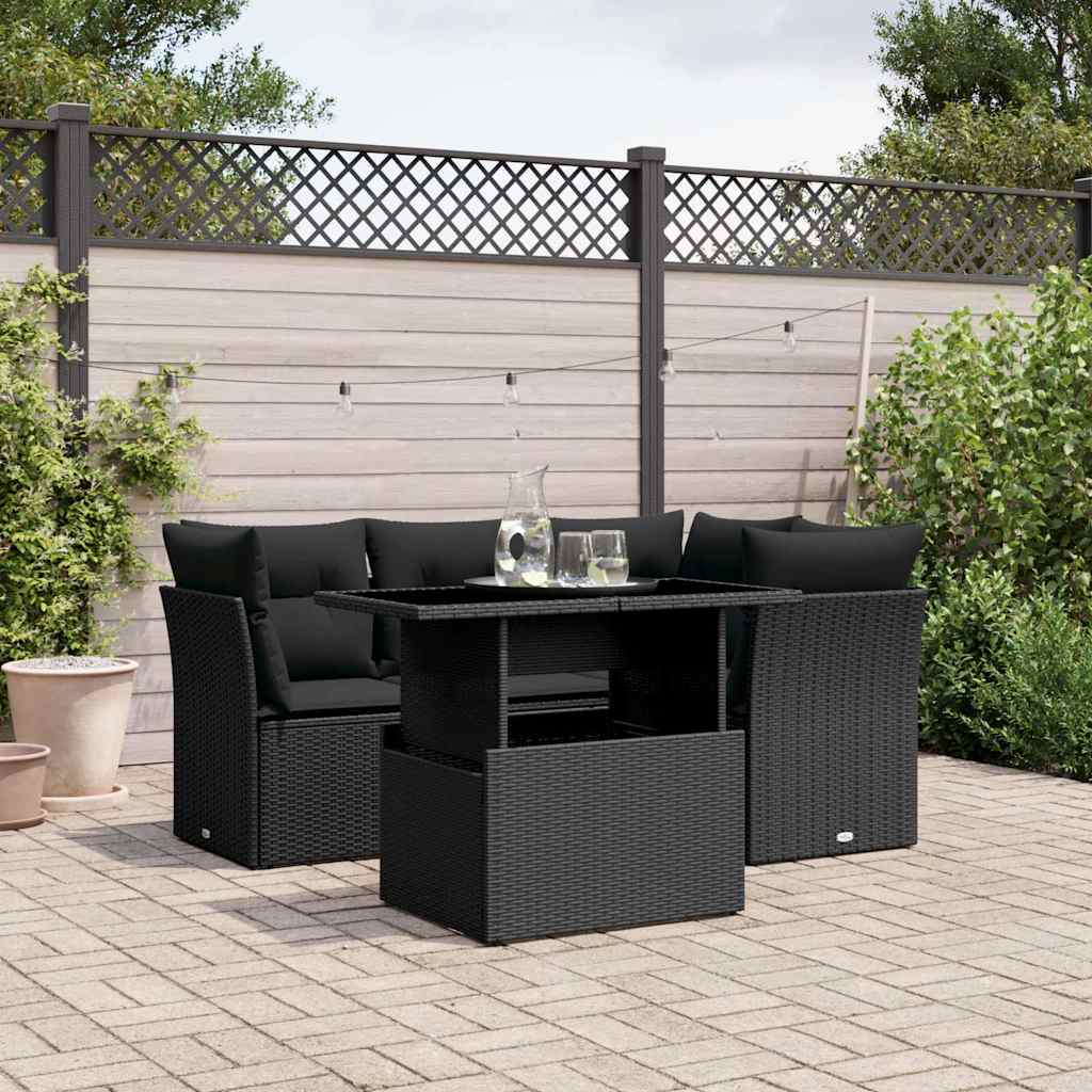 5-delige Loungeset met kussens poly rattan zwart – afbeelding 1