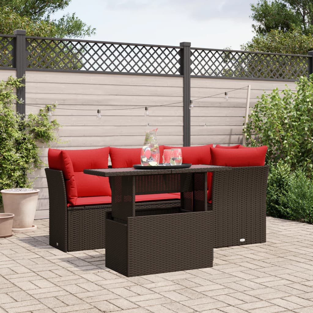 5-delige tuinbankset met kussens, bruin polyrotan – afbeelding 1
