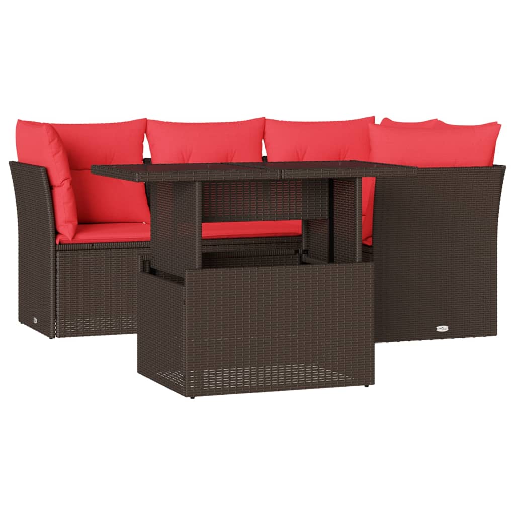 5-delige tuinbankset met kussens, bruin polyrotan – afbeelding 2
