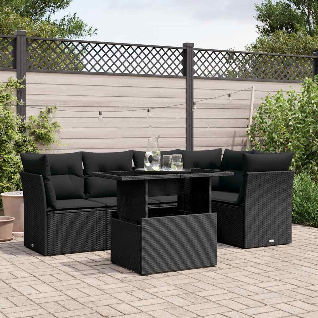 6-delige Loungeset met kussens poly rattan zwart – afbeelding 1