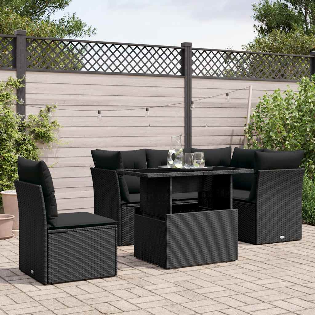 6-delige Loungeset met kussens poly rattan zwart – afbeelding 1