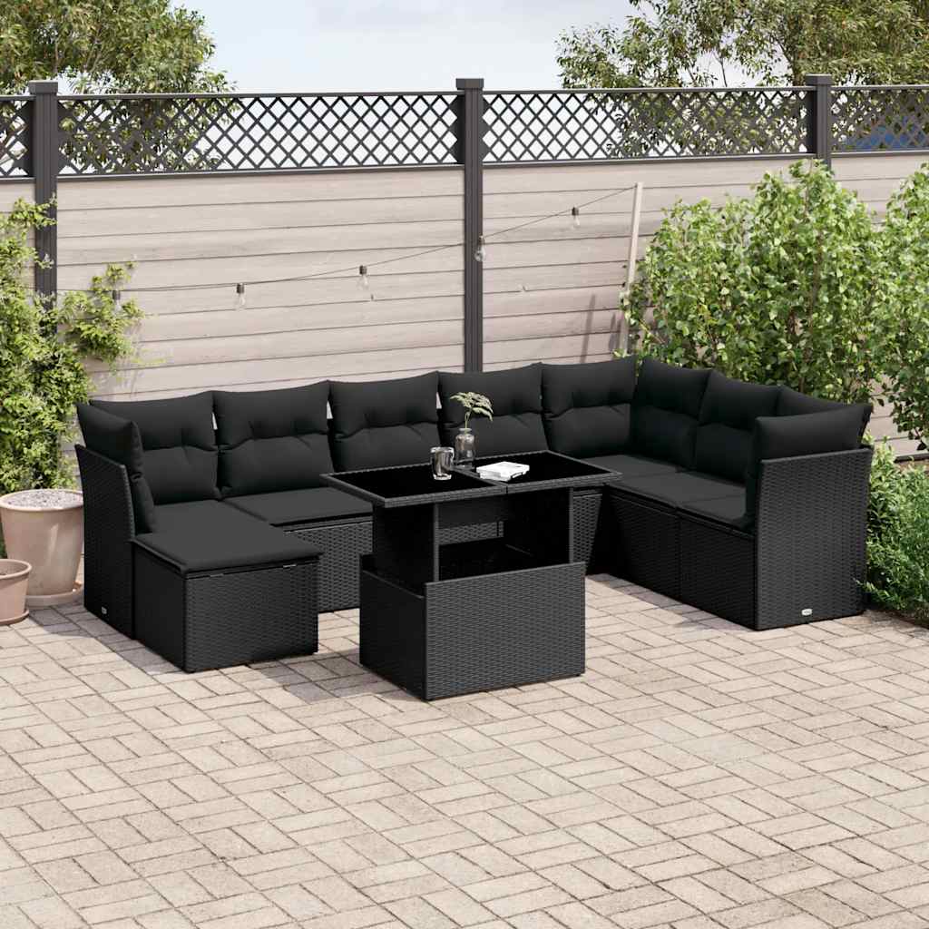9-delige Loungeset met kussens poly rattan zwart – afbeelding 1
