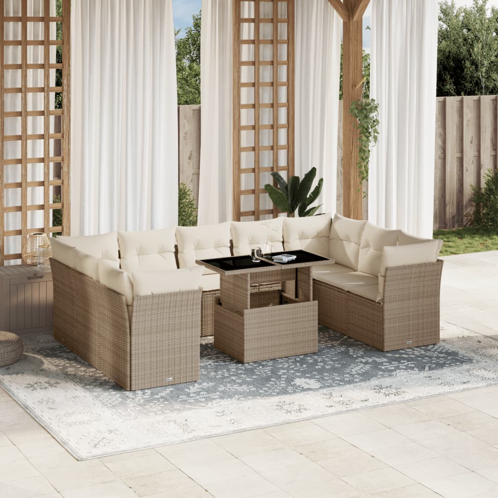 10-delige Loungeset met kussens poly rattan beige – afbeelding 1