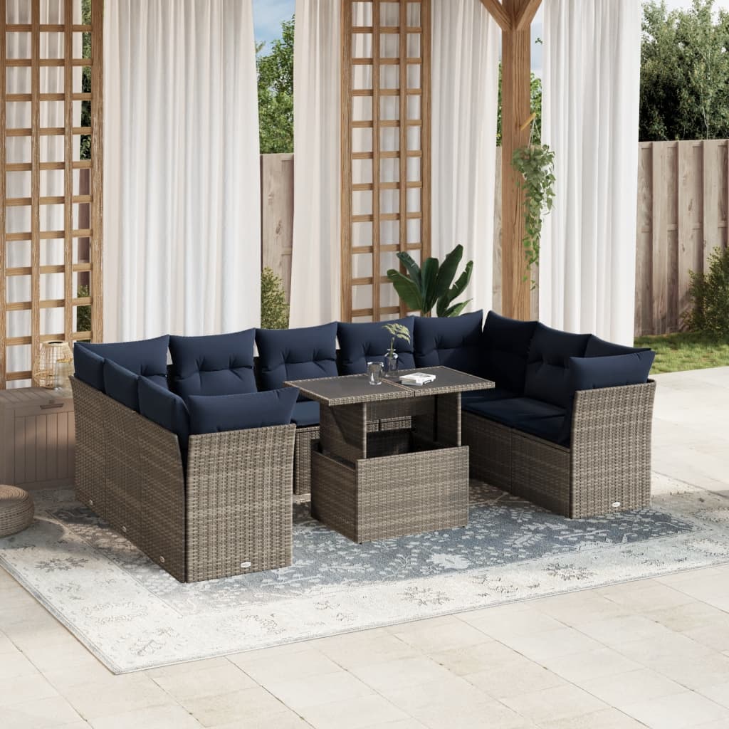 10-delige tuinbankset met kussens, grijs polyrotan – afbeelding 1