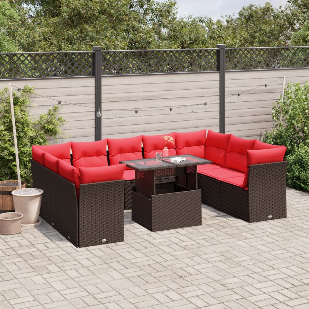 10-delige tuinbankset met kussens, bruin polyrotan – afbeelding 1