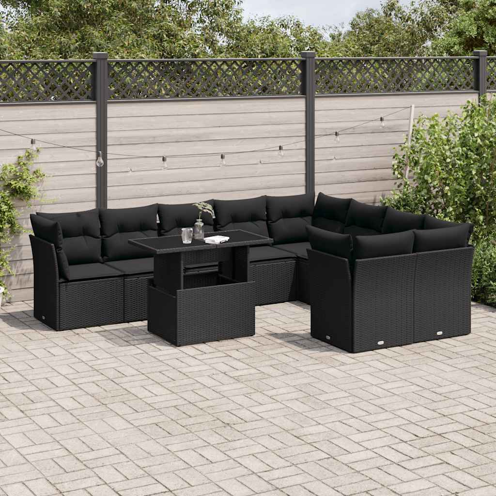 10-delige Loungeset met kussens poly rattan zwart – afbeelding 1