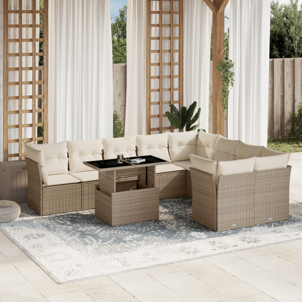 10-delige Loungeset met kussens poly rattan beige – afbeelding 1