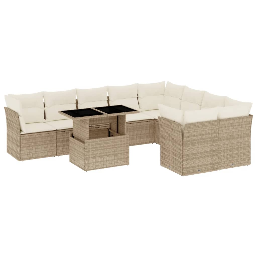 10-delige Loungeset met kussens poly rattan beige – afbeelding 2