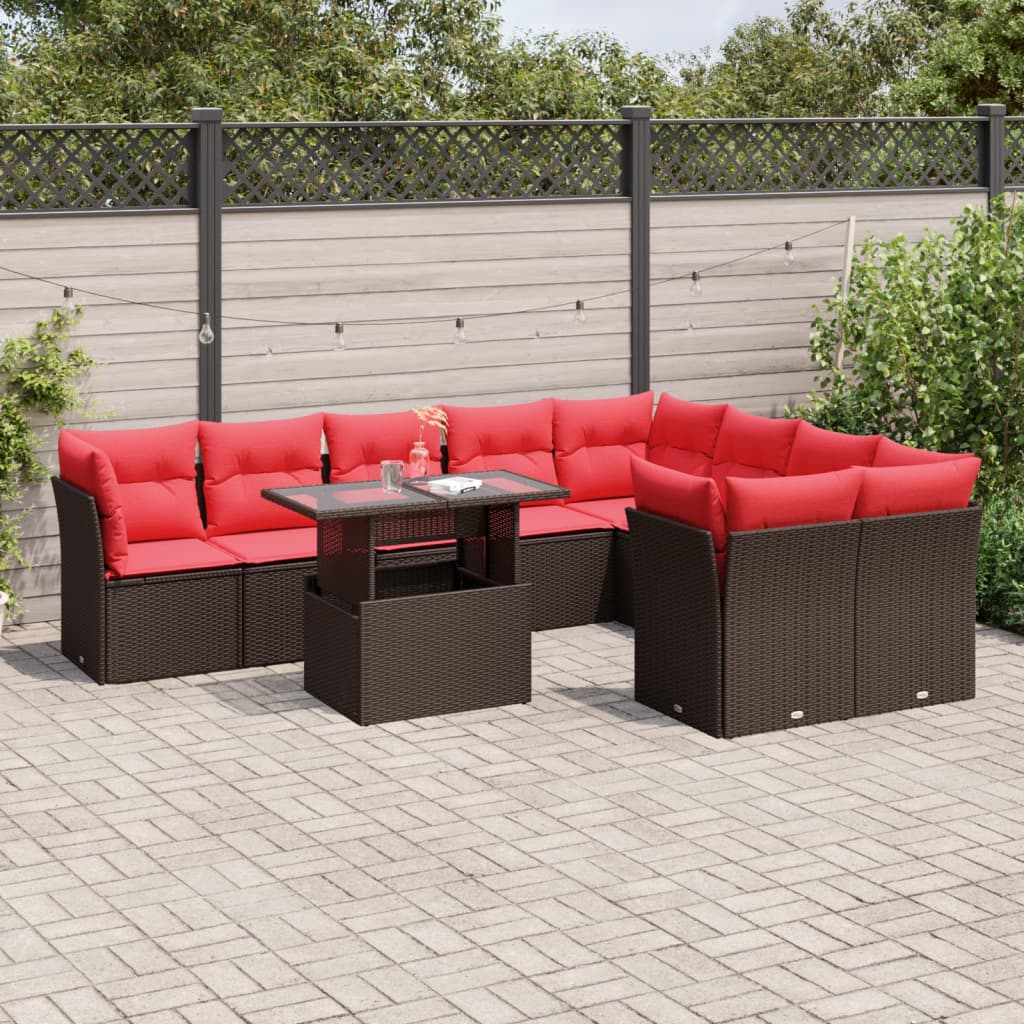 10-delige tuinbankset met kussens, bruin polyrotan – afbeelding 1