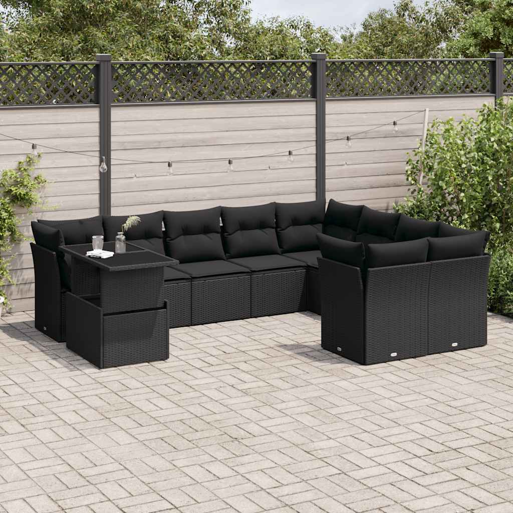10-delige Loungeset met kussens poly rattan zwart – afbeelding 1