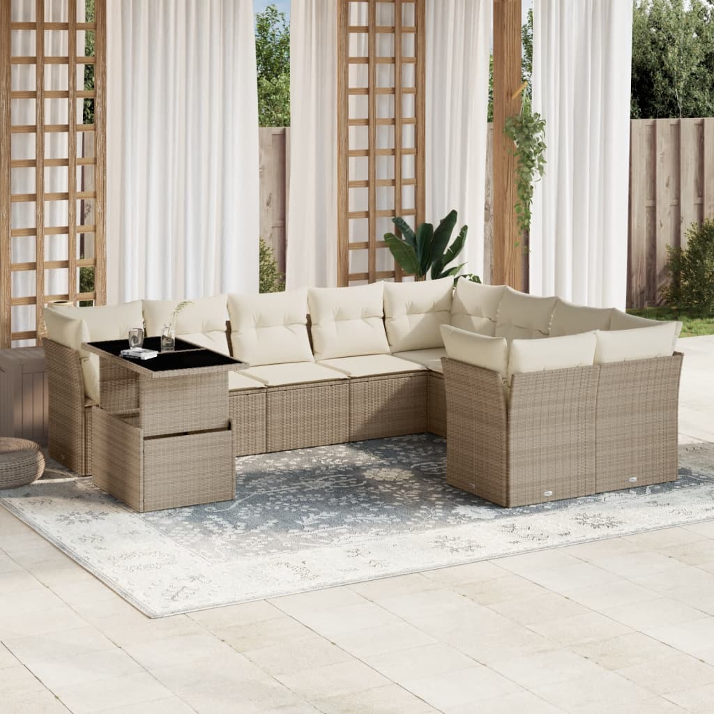 10-delige Loungeset met kussens poly rattan beige – afbeelding 1