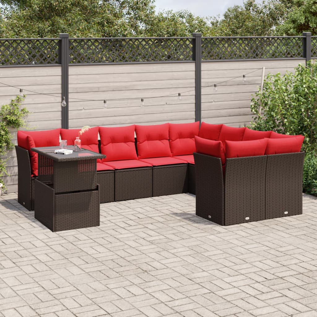 10-delige tuinbankset met kussens, bruin polyrotan – afbeelding 1