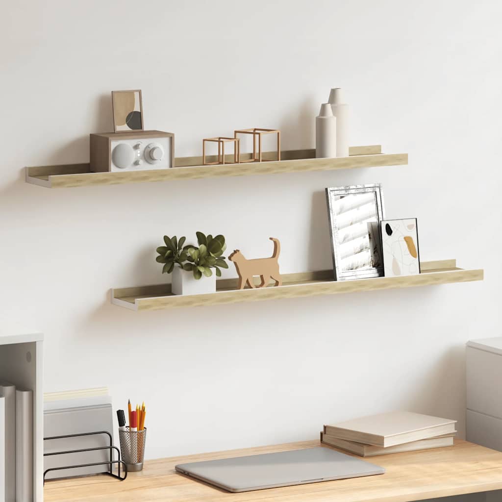 Wandschappen 2 st 80x9x3 cm wit en sonoma eikenkleurig