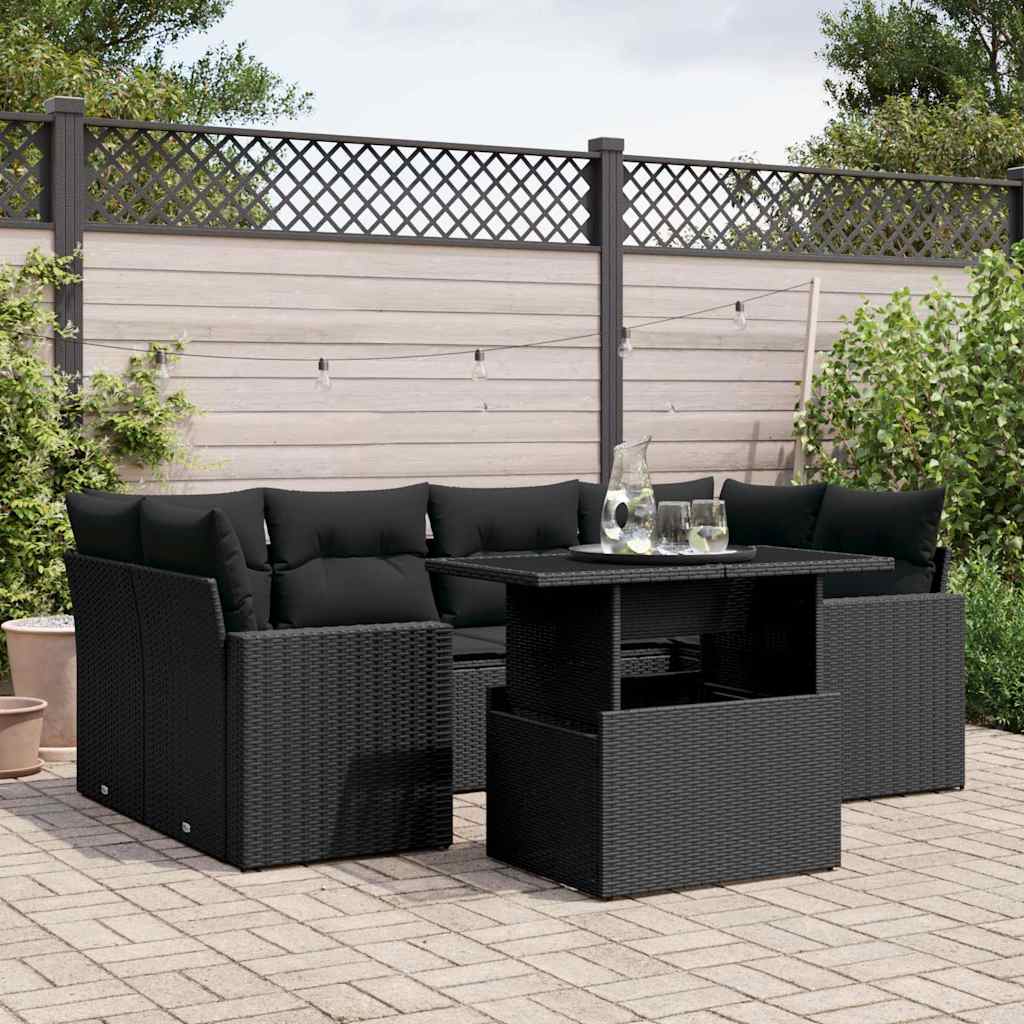 7-delige Loungeset met kussens poly rattan zwart – afbeelding 1