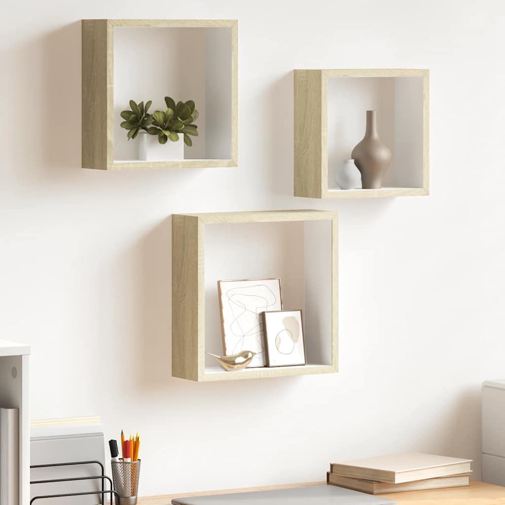 Wandschappen kubus 3 st wit en sonoma eikenkleurig – afbeelding 1