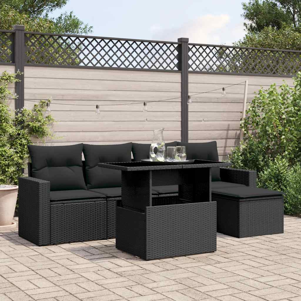 6-delige Loungeset met kussens poly rattan zwart – afbeelding 1