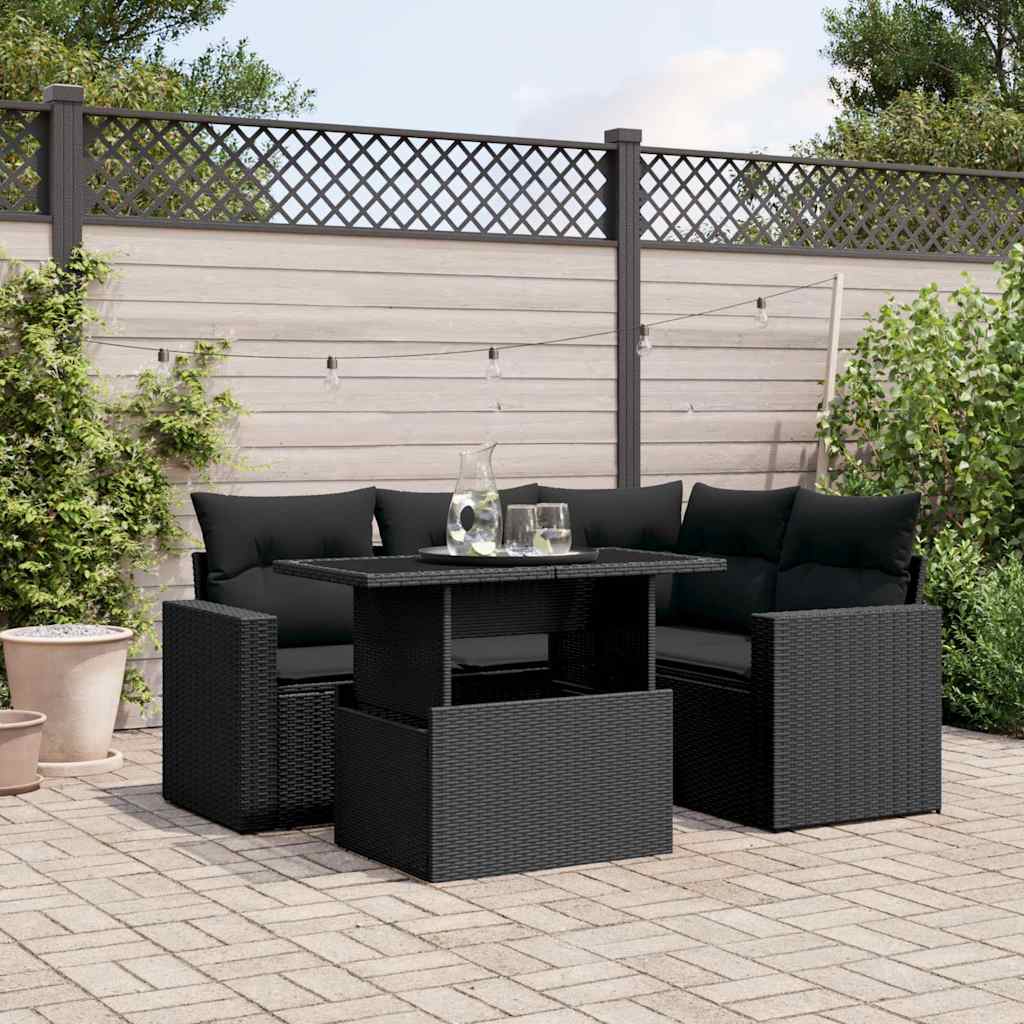 5-delige Loungeset met kussens poly rattan zwart – afbeelding 1