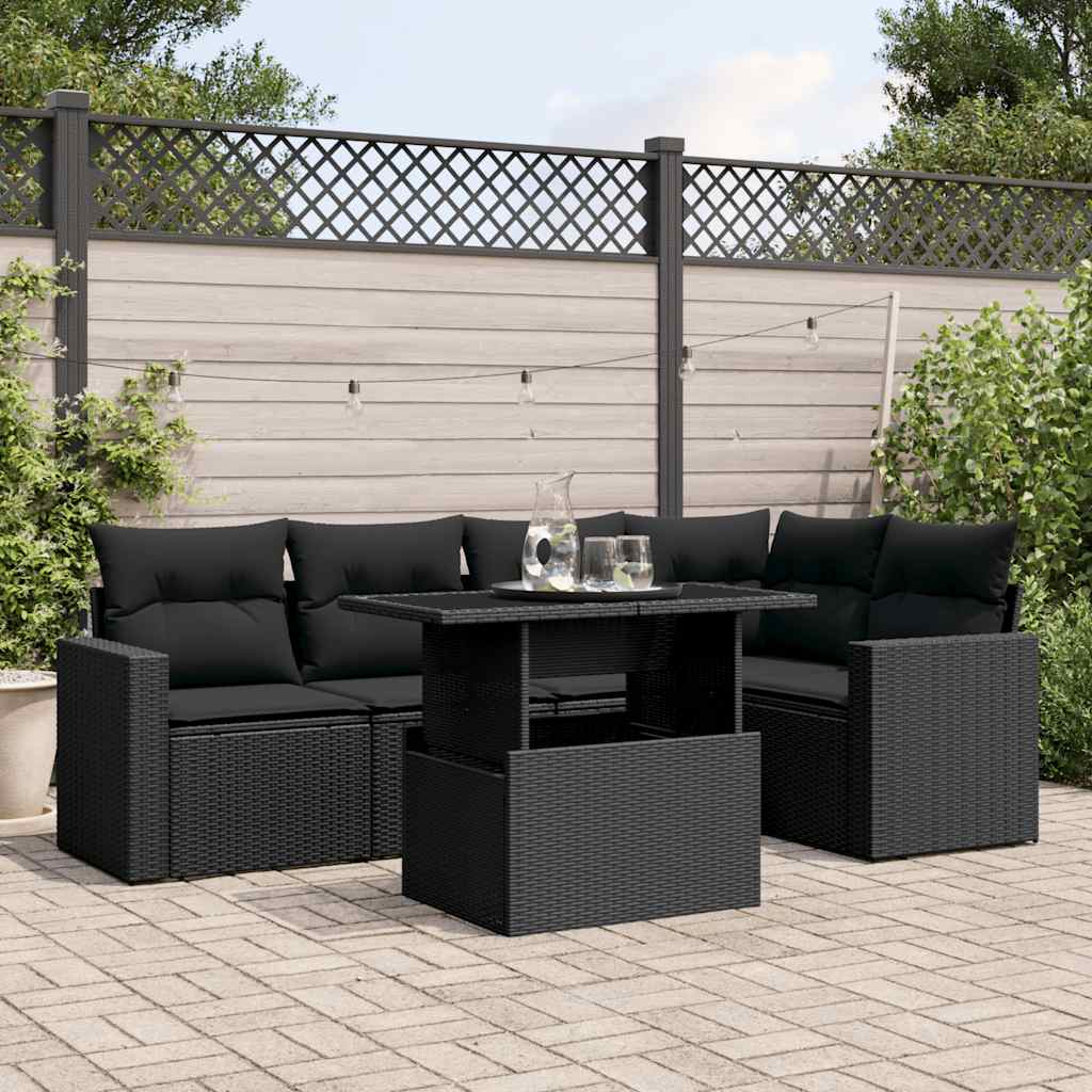 6-delige Loungeset met kussens poly rattan zwart – afbeelding 1