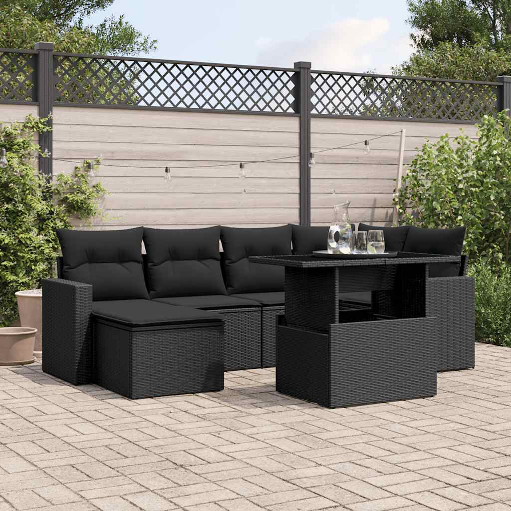 7-delige Loungeset met kussens poly rattan zwart – afbeelding 1