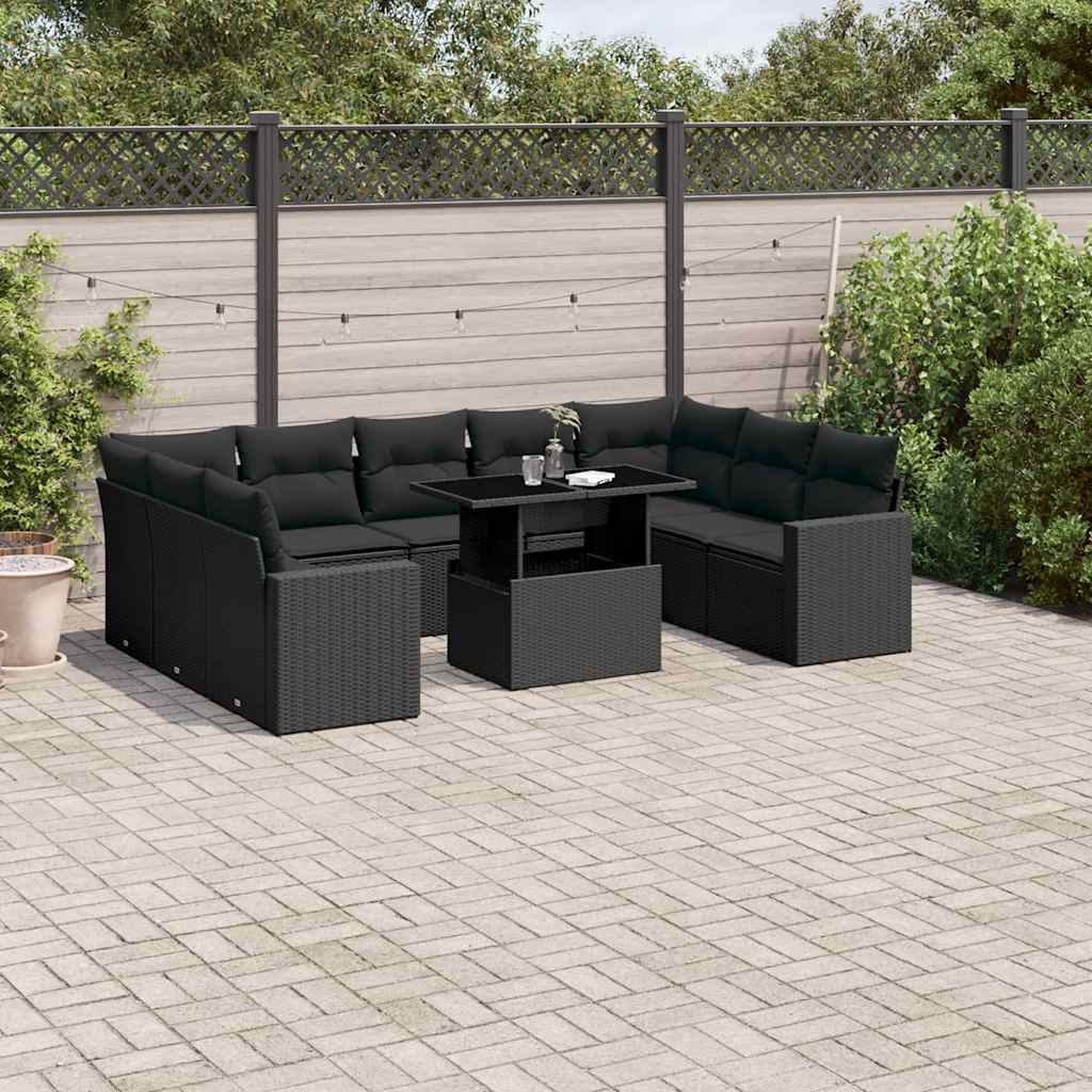 10-delige Loungeset met kussens poly rattan zwart – afbeelding 1