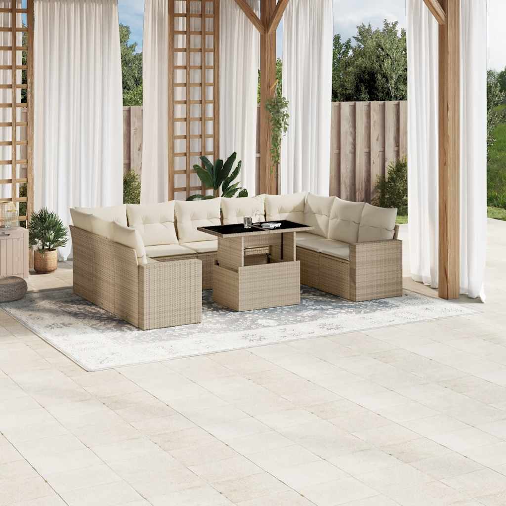 10-delige Loungeset met kussens poly rattan beige – afbeelding 1