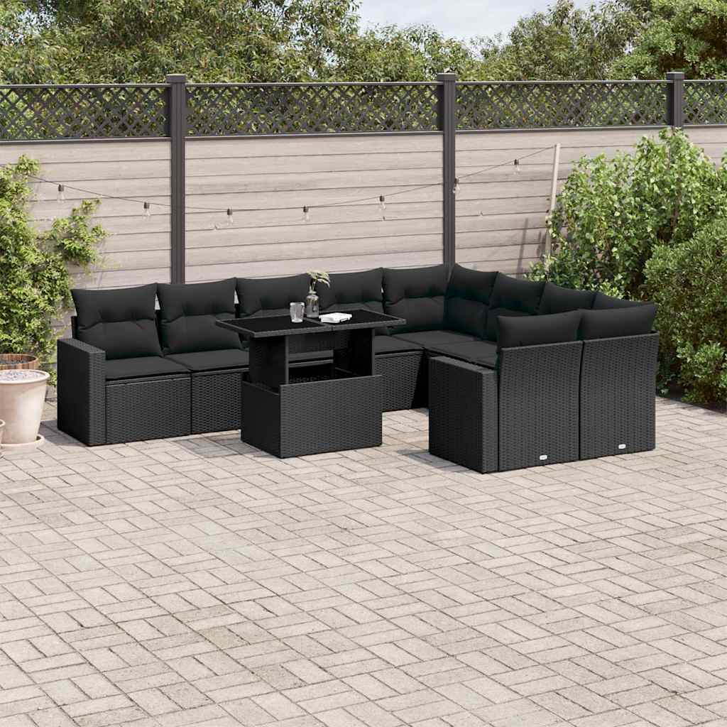 10-delige Loungeset met kussens poly rattan zwart – afbeelding 1