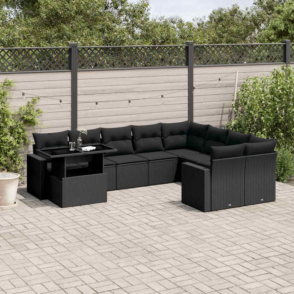 10-delige Loungeset met kussens poly rattan zwart – afbeelding 1