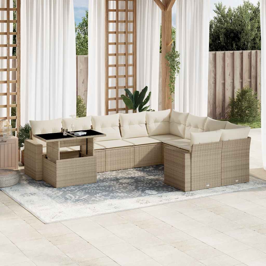 10-delige Loungeset met kussens poly rattan beige – afbeelding 1