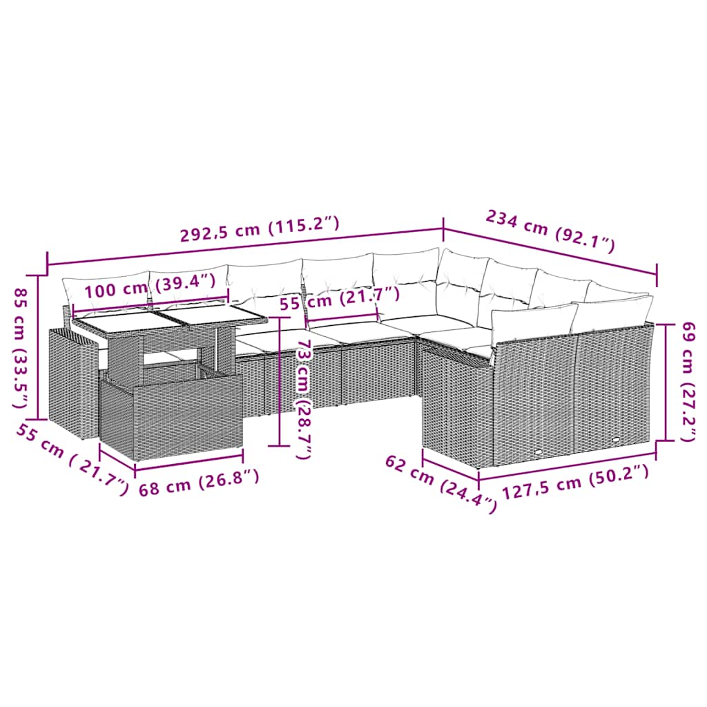10-delige Loungeset met kussens poly rattan beige – afbeelding 10