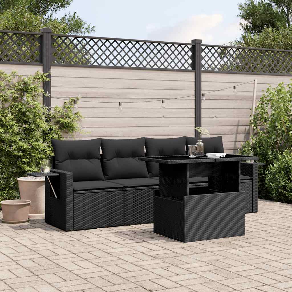 5-delige Loungeset met kussens poly rattan zwart – afbeelding 1