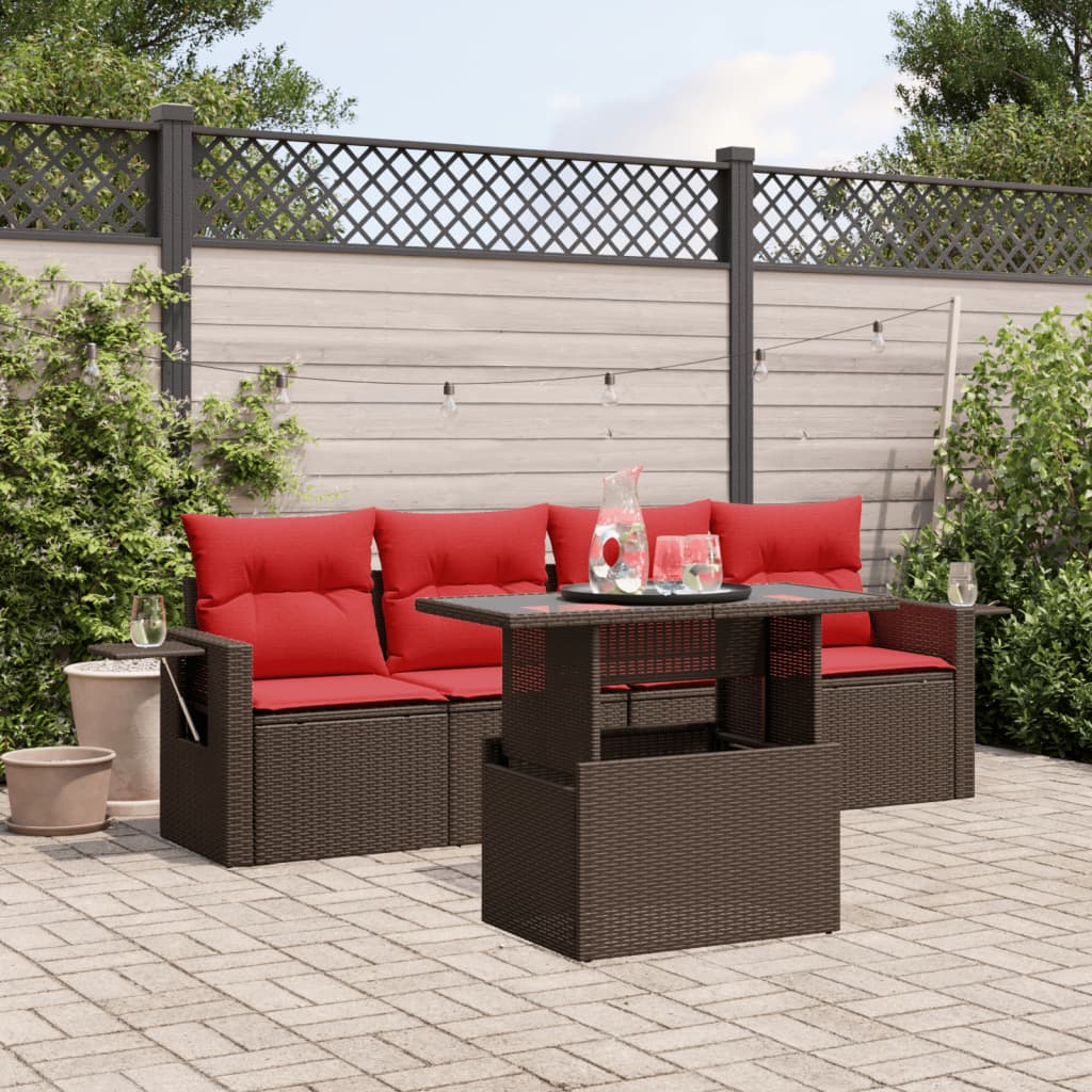 5-delige tuinbankset met kussens, bruin polyrotan – afbeelding 1