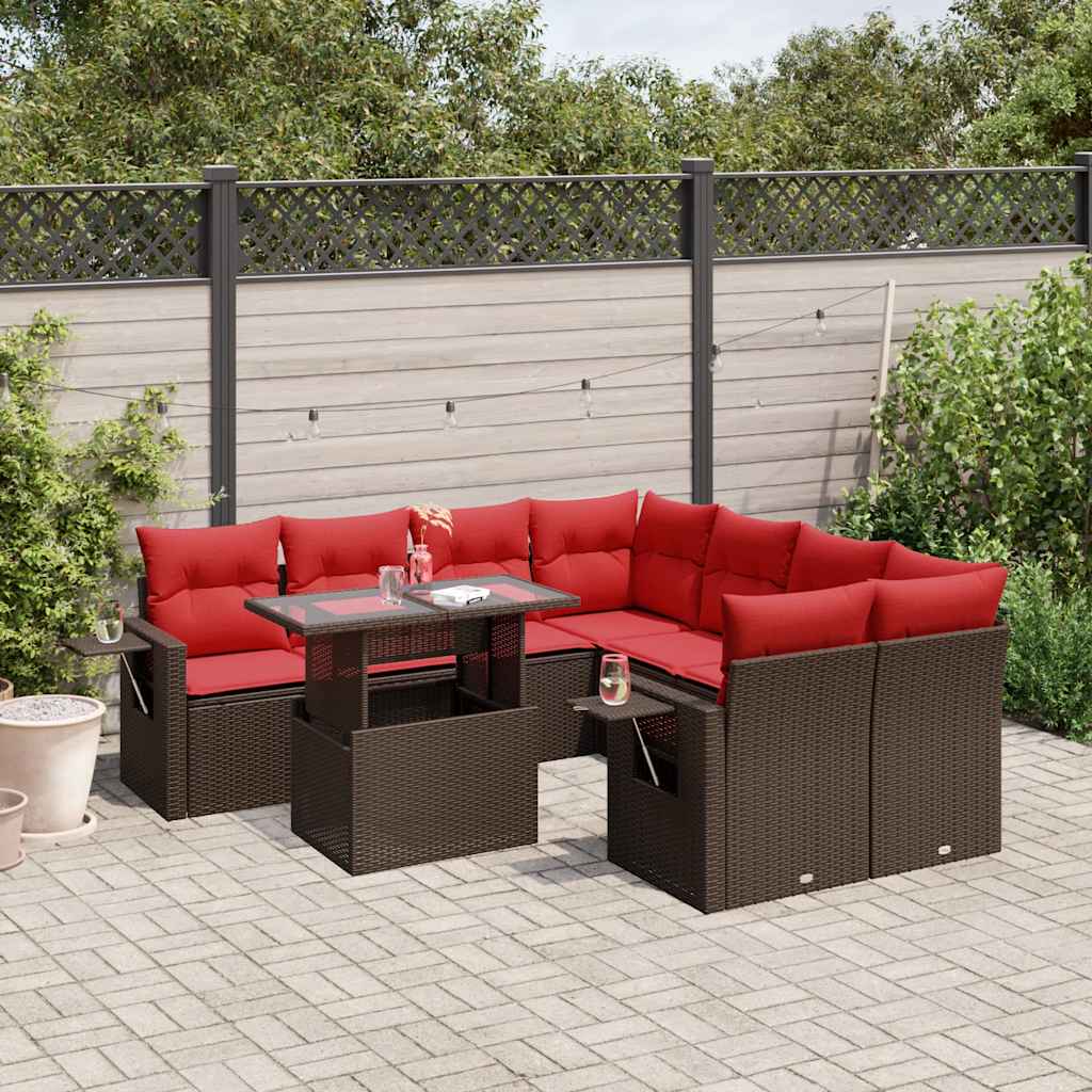 9-delige tuinbankset met kussens, bruin polyrotan – afbeelding 1