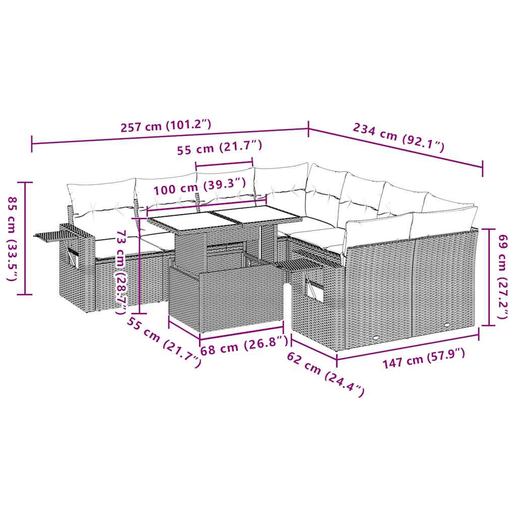 9-delige tuinbankset met kussens, bruin polyrotan – afbeelding 11