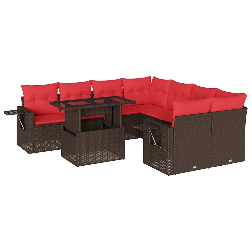 9-delige tuinbankset met kussens, bruin polyrotan – afbeelding 2