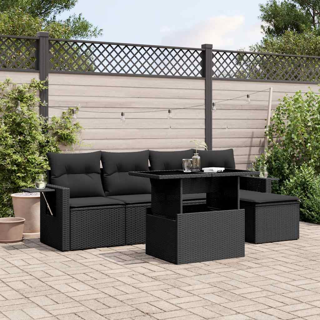 6-delige Loungeset met kussens poly rattan zwart – afbeelding 1