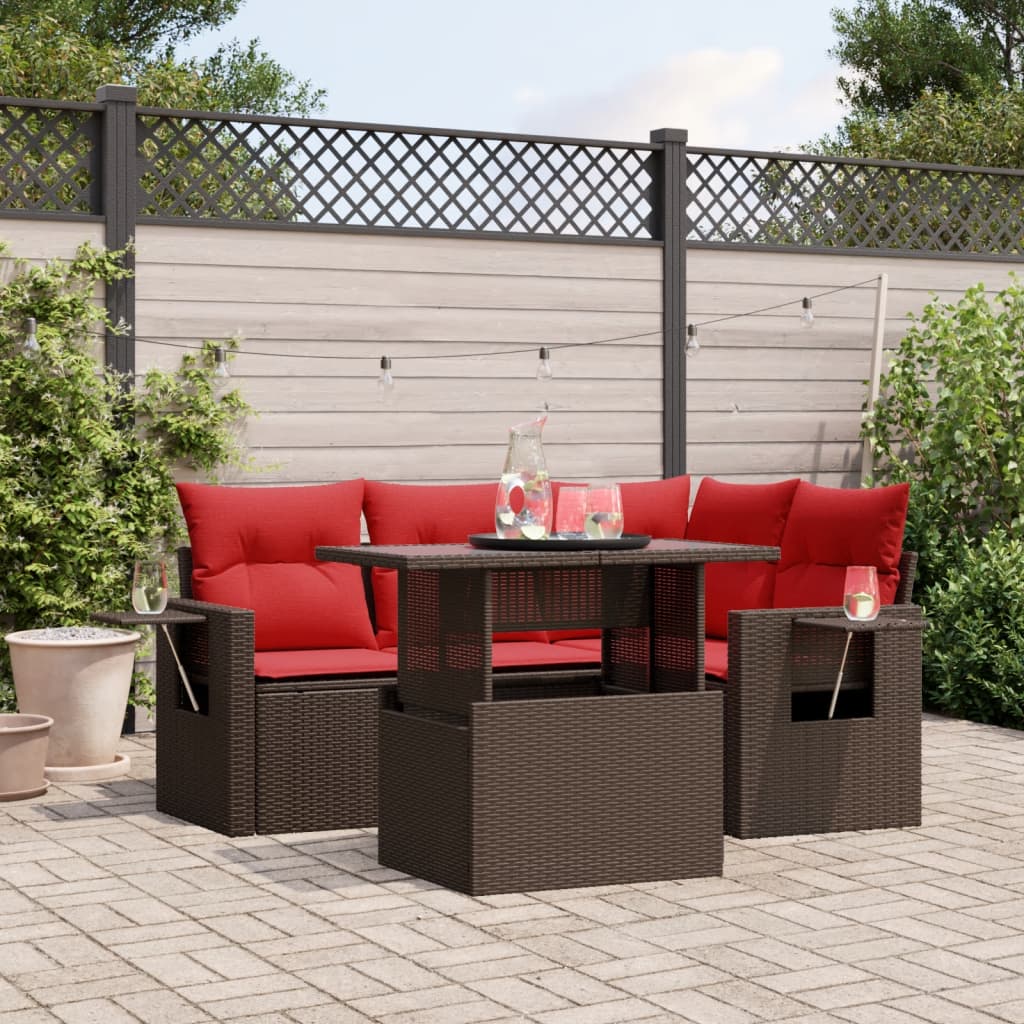 5-delige tuinbankset met kussens, bruin polyrotan – afbeelding 1