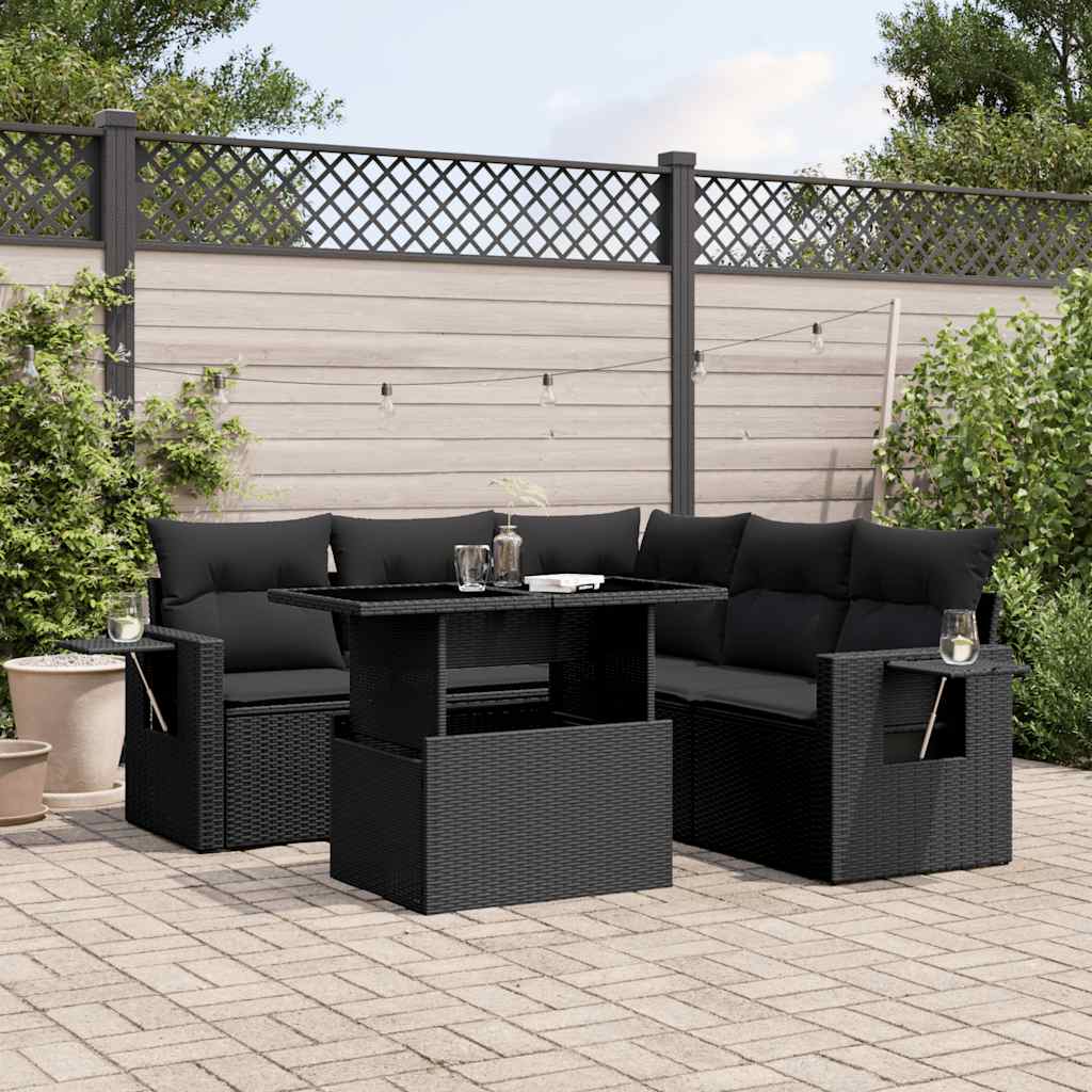 6-delige Loungeset met kussens poly rattan zwart – afbeelding 1