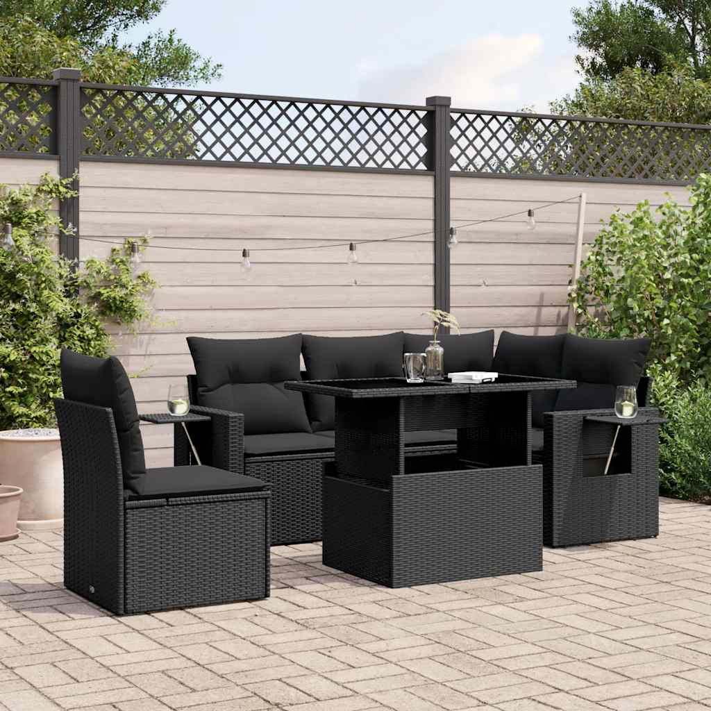 6-delige Loungeset met kussens poly rattan zwart – afbeelding 1