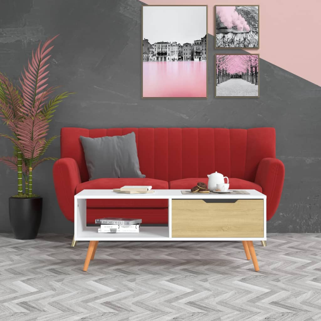 Salontafel 100x49,5x43 cm bewerkt hout wit en sonoma eikenkleur
