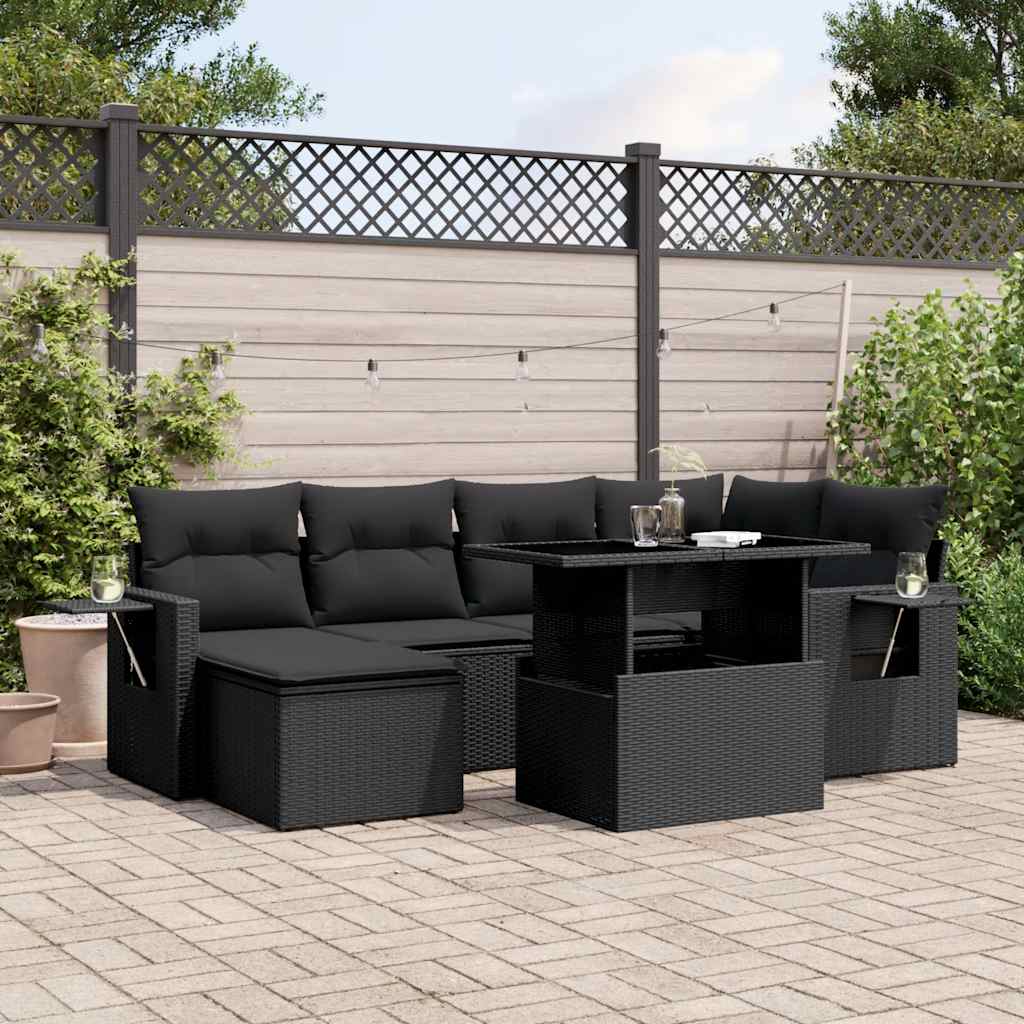 7-delige Loungeset met kussens poly rattan zwart – afbeelding 1