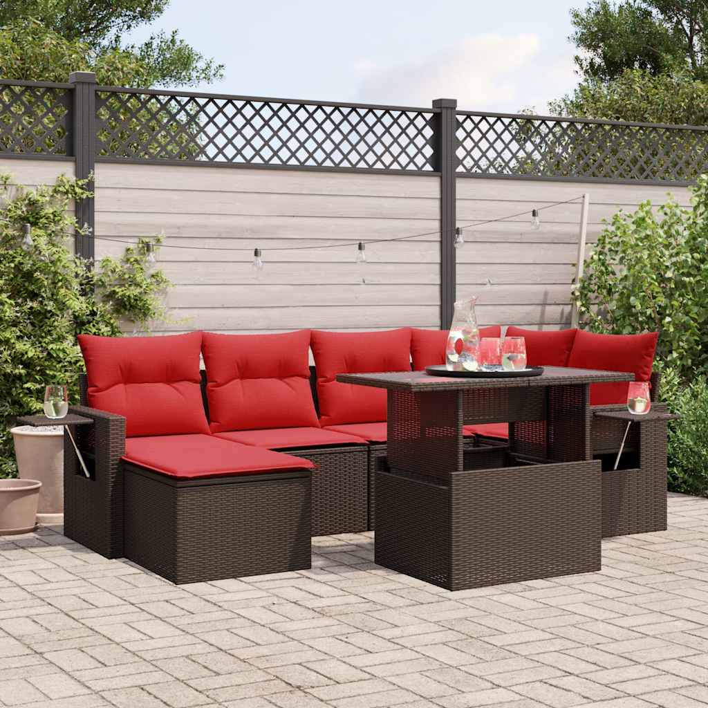 7-delige tuinbankset met kussens, bruin polyrotan – afbeelding 1
