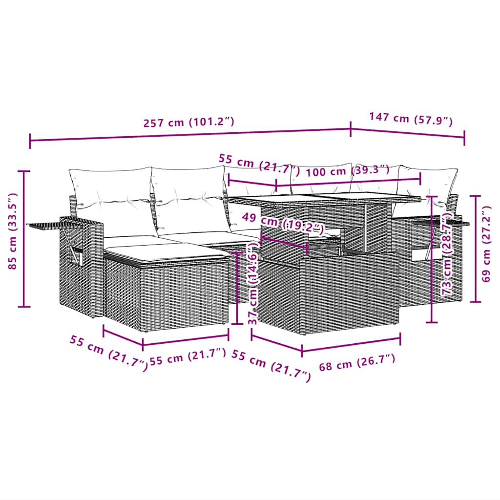 7-delige tuinbankset met kussens, bruin polyrotan – afbeelding 12