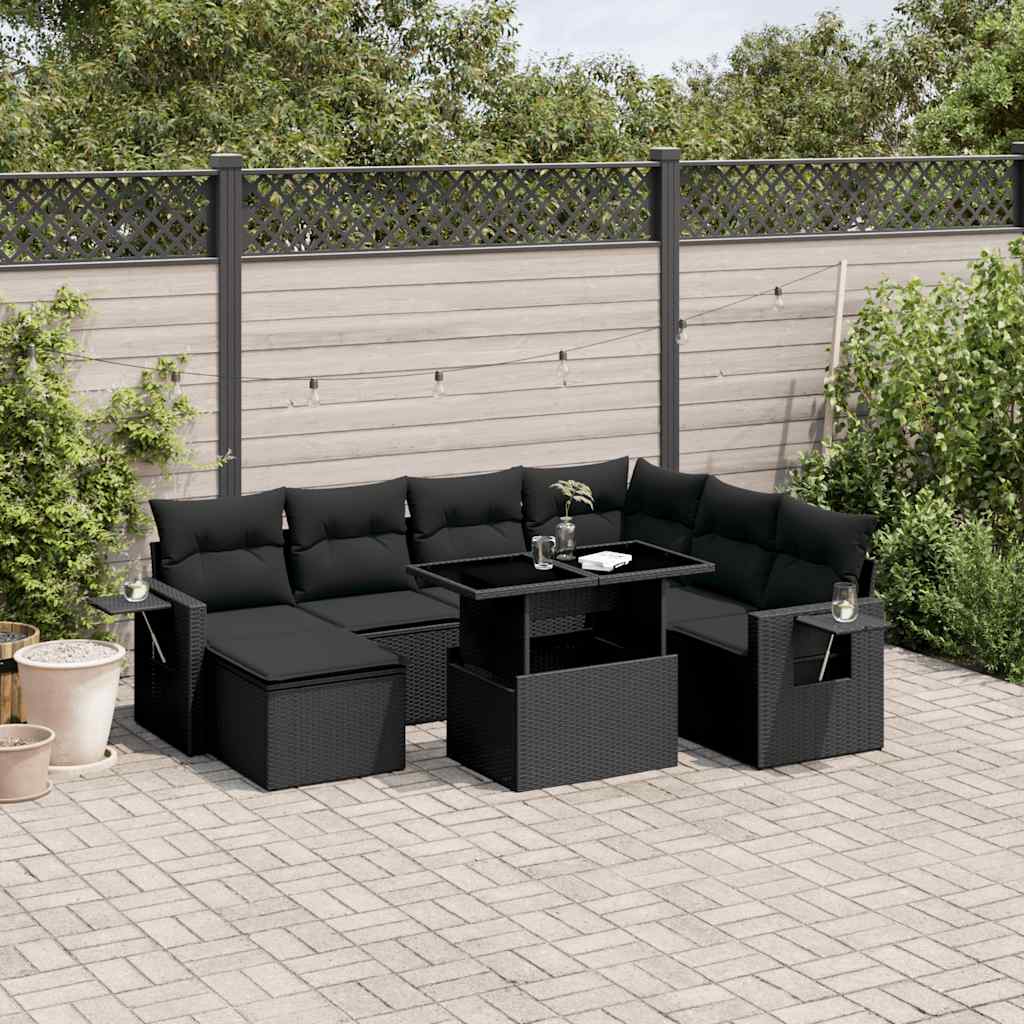 9-delige Loungeset met kussens poly rattan zwart – afbeelding 1