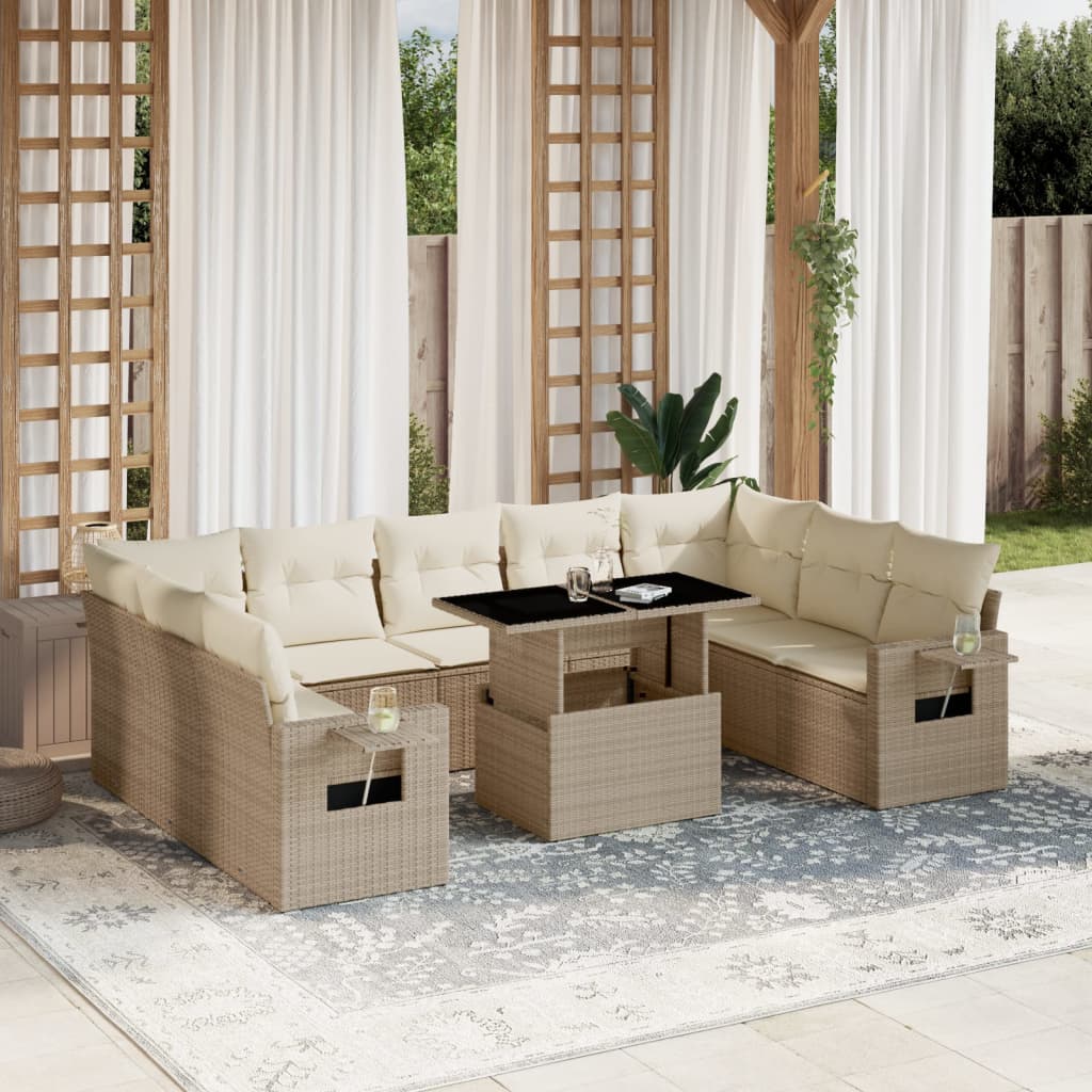 10-delige Loungeset met kussens poly rattan beige – afbeelding 1