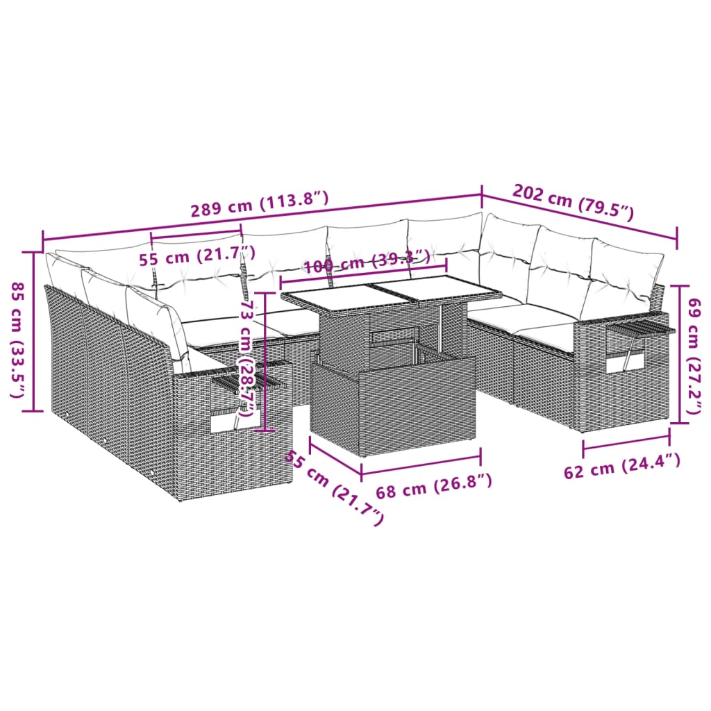 10-delige Loungeset met kussens poly rattan beige – afbeelding 11